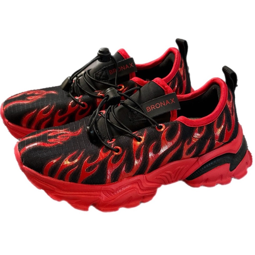 BRONAX Kids Sneakers Size 1.5 Red Black Flame Athletic Shoes Bungee Lace NWOB